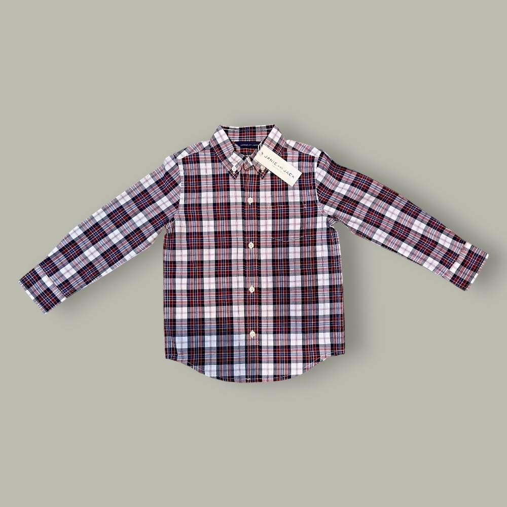 Janie and Jack NWT Tartan Plaid Poplin Button-Down Long-Sleeve Shirt Size 3T - Picture 2 of 5